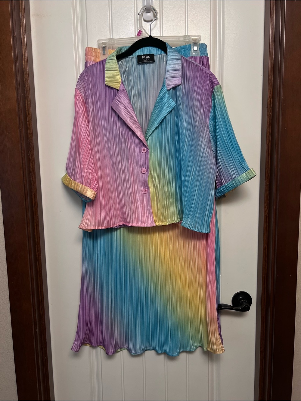 Dressed in LALA Rainbow Pleated Top & Skirt Set in Pastel Multicolor